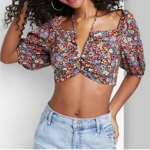 NWT Wild Fable Floral Puff Sleeve Tie Neck Crop Top Size Medium